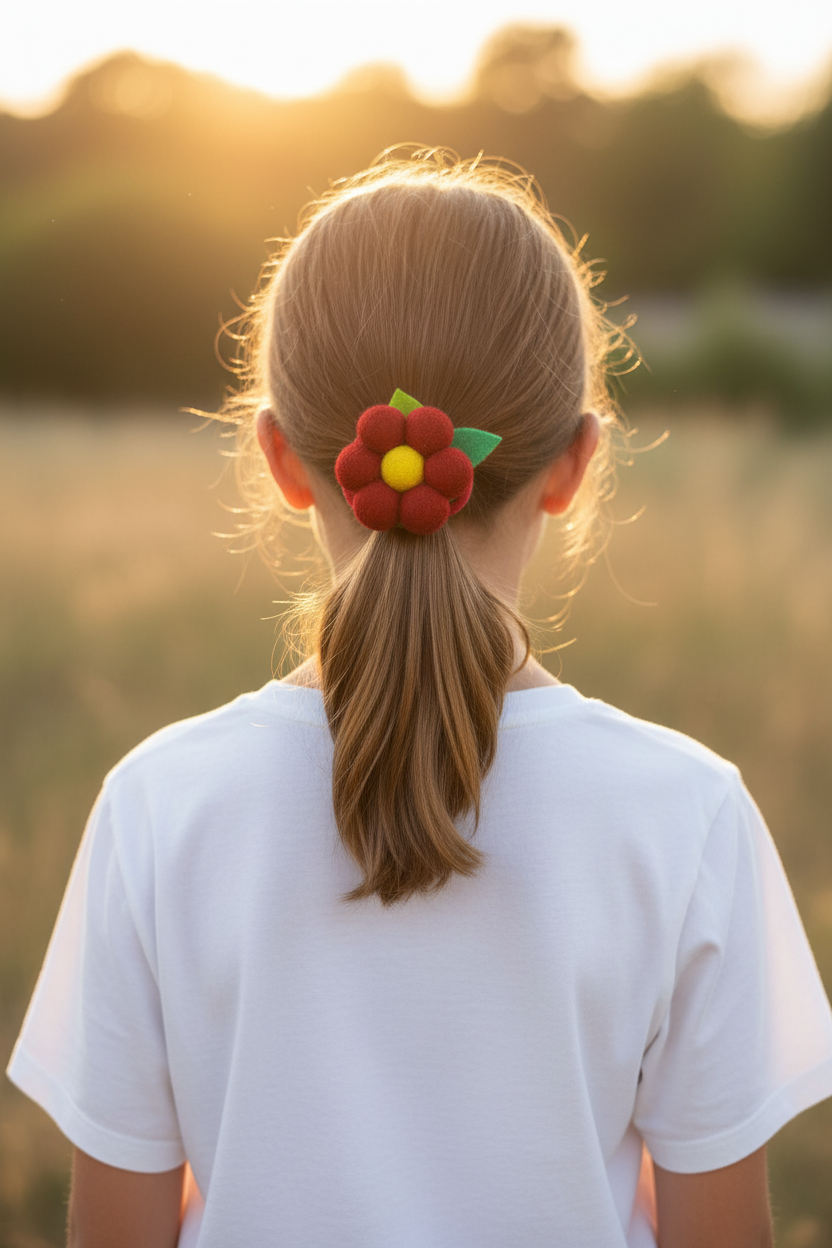 Handmade Wool Ball Flower Hair Scrunchie - Red