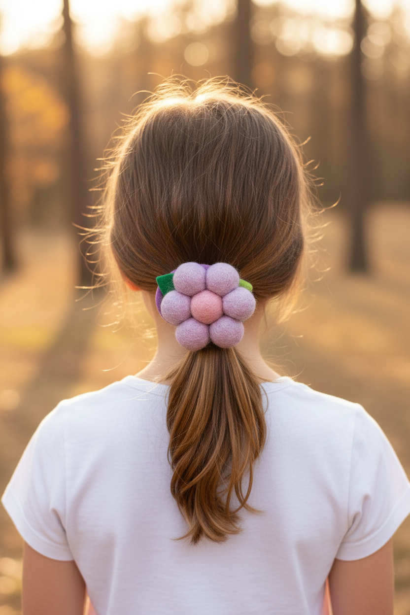 Handmade Wool Ball Flower Hair Scrunchie - Lavender