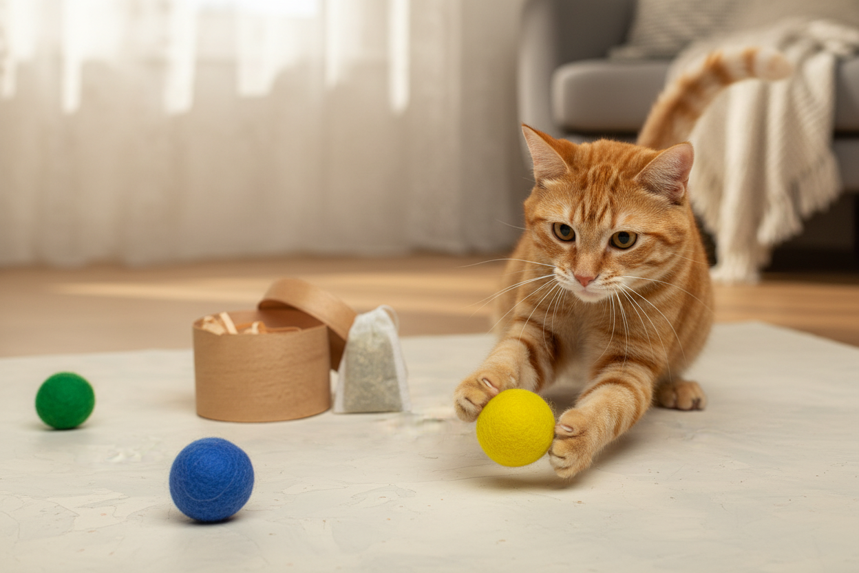Strawberry - Cat Toy Set with 4 Wool Balls and Catnip