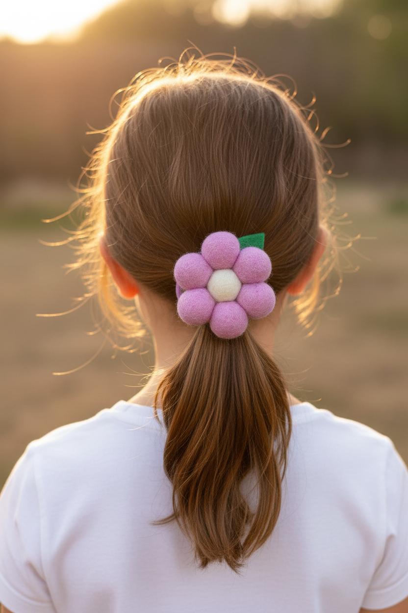 Handmade Wool Ball Flower Hair Scrunchie - Lilac