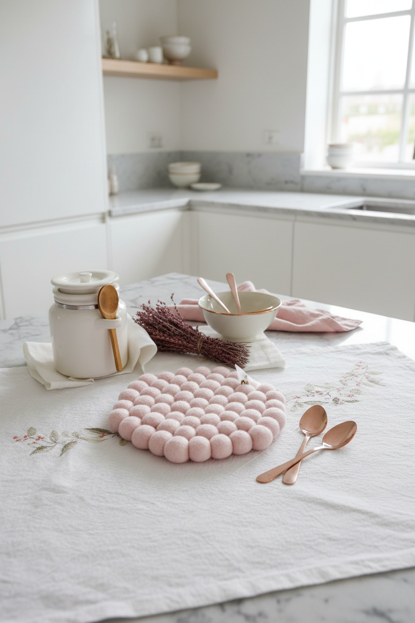 Handmade Wool Trivets - Hexagon Soft Pink
