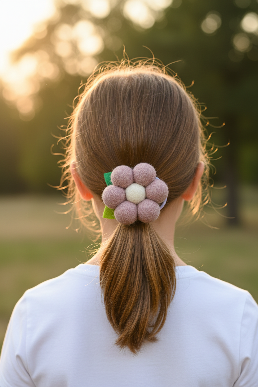Handmade Wool Ball Flower Hair Scrunchie - Soft Lilac