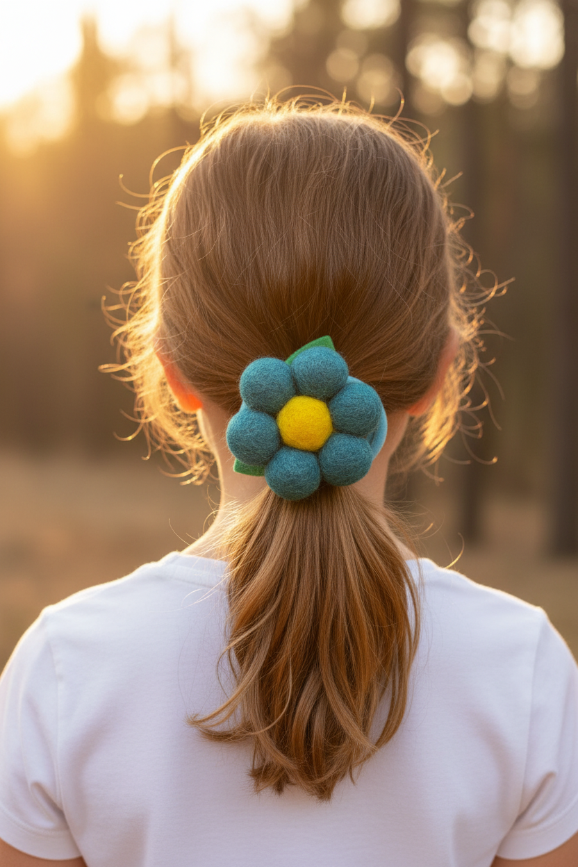 Handmade Wool Ball Flower Hair Scrunchie - Turquoise