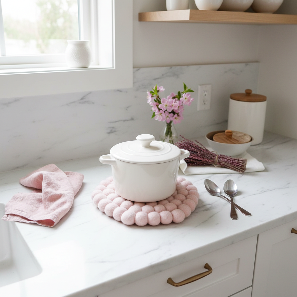 Handmade Wool Trivets - Hexagon Soft Pink