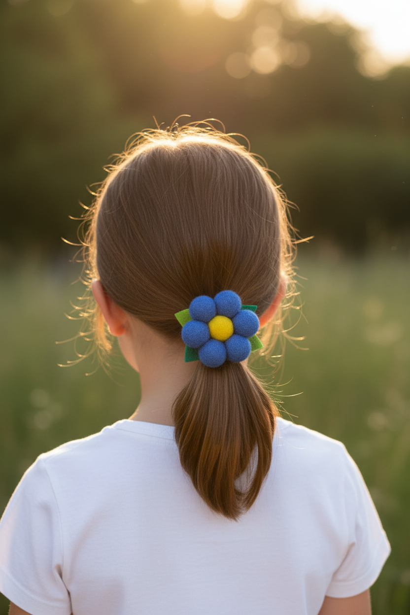 Handmade Wool Ball Flower Hair Scrunchie - Royal Blue
