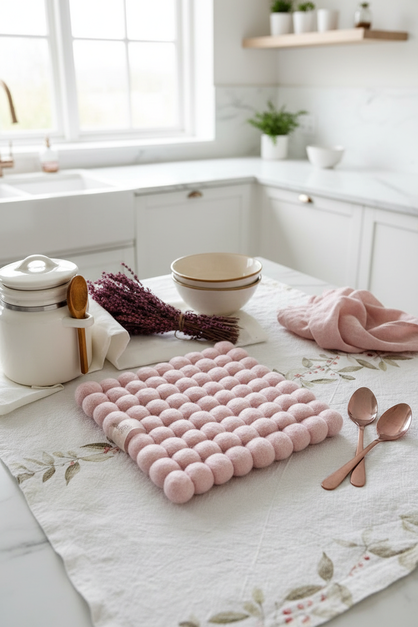 Handmade Wool Trivets - Square Soft Pink