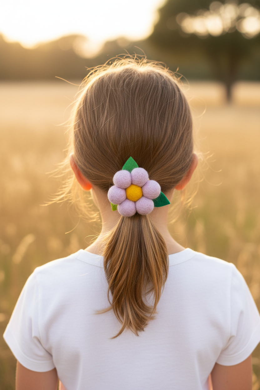 Handmade Wool Ball Flower Hair Scrunchie - Pale Lavender