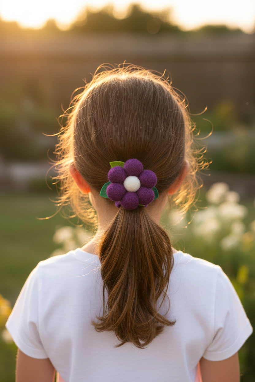 Handmade Wool Ball Flower Hair Scrunchie - Purple