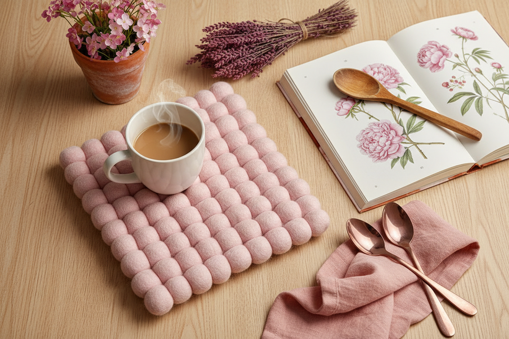 Handmade Wool Trivets - Square Soft Pink