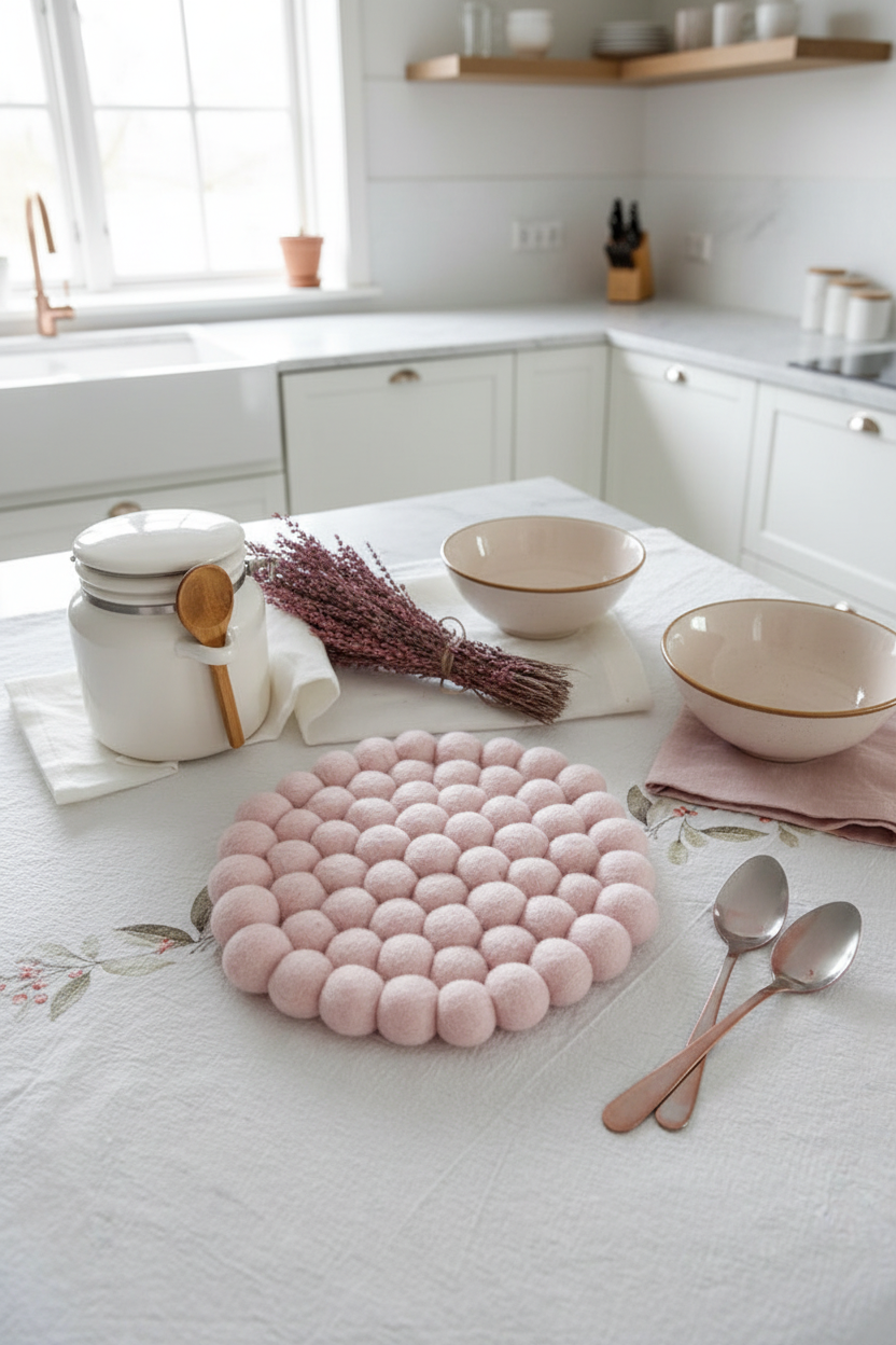 Handmade Wool Trivets - Round Soft Pink