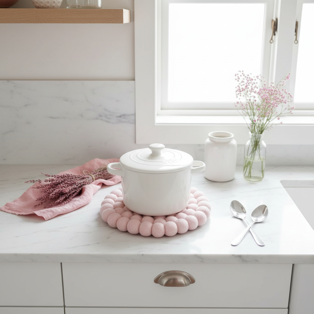 Handmade Wool Trivets - Round Soft Pink
