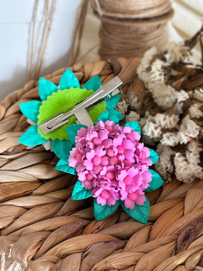 Flower Hair Clips Set of 2 - Pink & White Foam Flowers with Turquoise Leaves