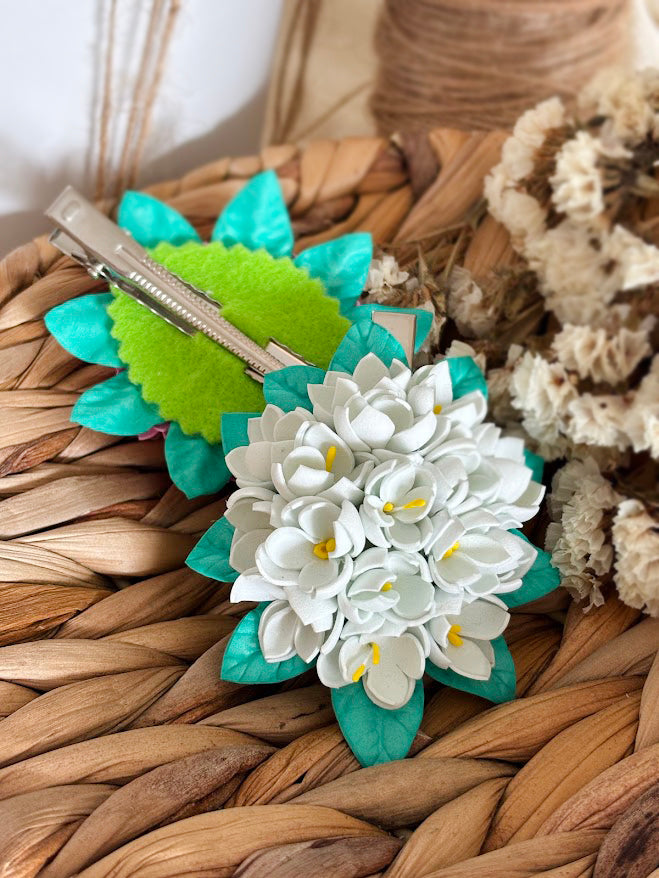 Flower Hair Clips Set of 2 - Pink & White Foam Flowers with Turquoise Leaves