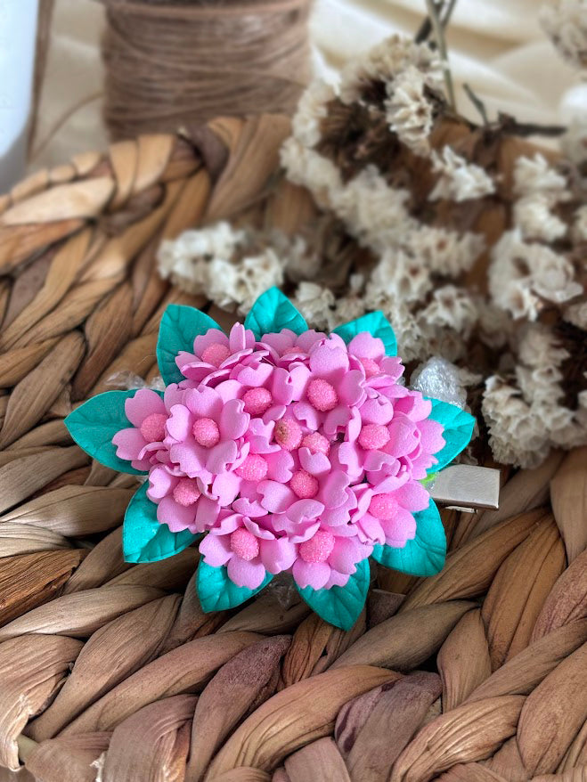 Flower Hair Clips Set of 2 - Pink & White Foam Flowers with Turquoise Leaves