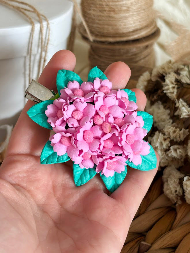 Flower Hair Clips Set of 2 - Pink & White Foam Flowers with Turquoise Leaves
