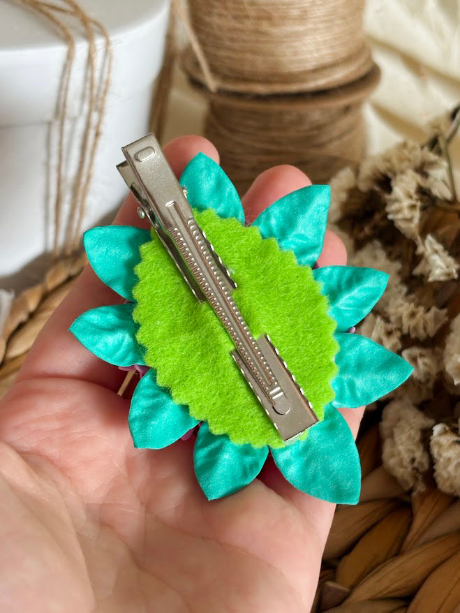 Flower Hair Clips Set of 2 - Pink & White Foam Flowers with Turquoise Leaves