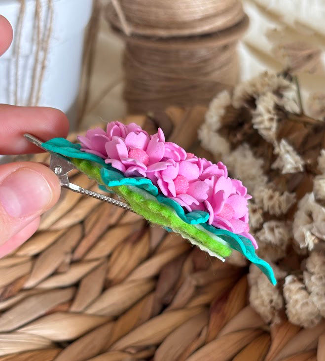 Flower Hair Clips Set of 2 - Pink & White Foam Flowers with Turquoise Leaves