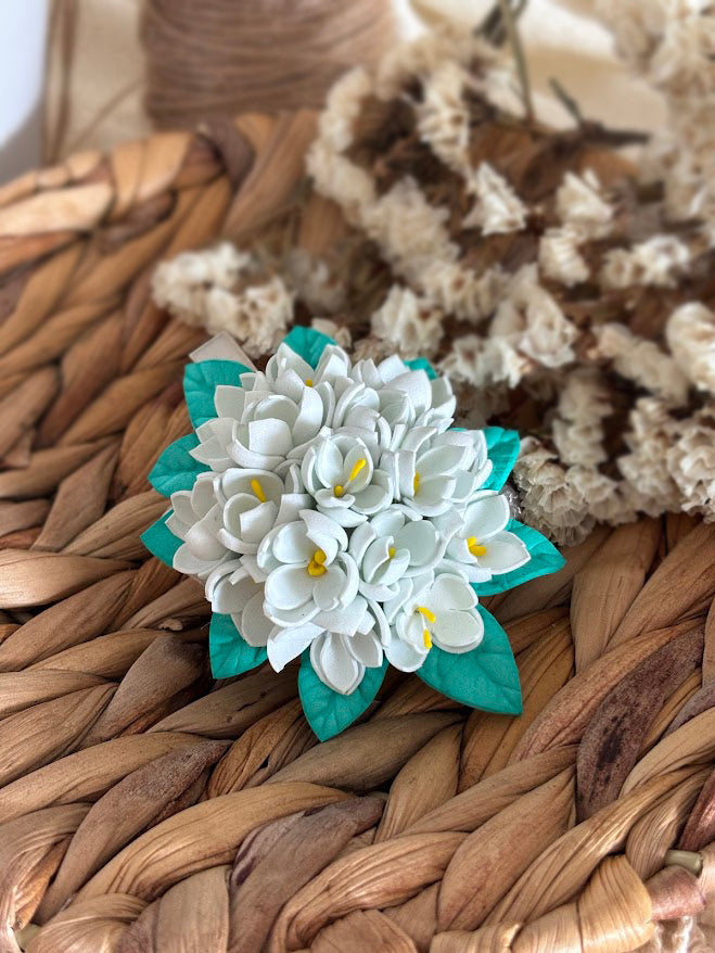 Flower Hair Clips Set of 2 - Pink & White Foam Flowers with Turquoise Leaves