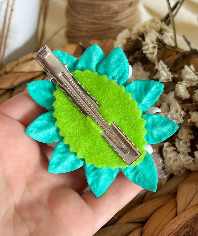 Flower Hair Clips Set of 2 - Pink & White Foam Flowers with Turquoise Leaves