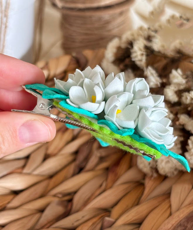 Flower Hair Clips Set of 2 - Pink & White Foam Flowers with Turquoise Leaves