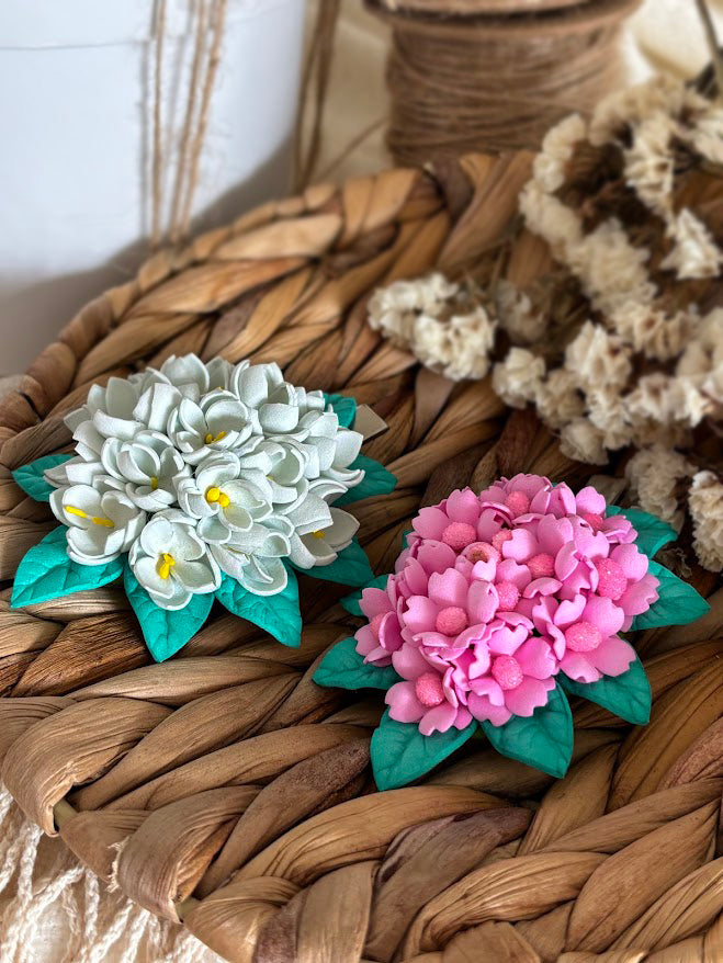 Flower Hair Clips Set of 2 - Pink & White Foam Flowers with Turquoise Leaves