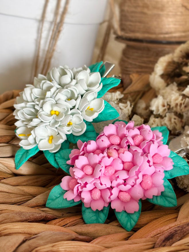 Flower Hair Clips Set of 2 - Pink & White Foam Flowers with Turquoise Leaves