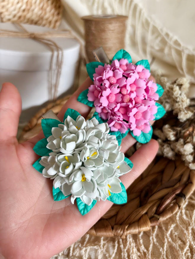 Flower Hair Clips Set of 2 - Pink & White Foam Flowers with Turquoise Leaves