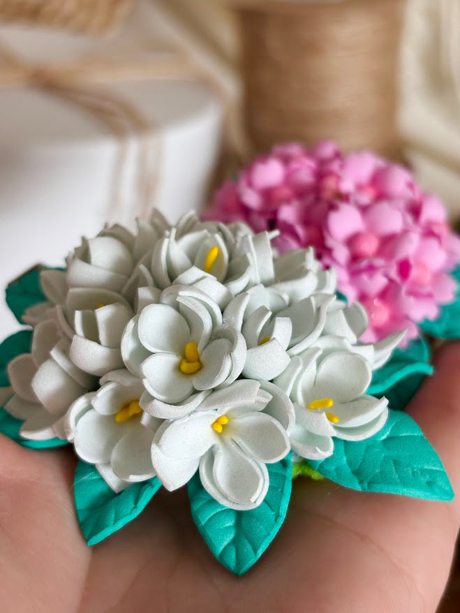 Flower Hair Clips Set of 2 - Pink & White Foam Flowers with Turquoise Leaves