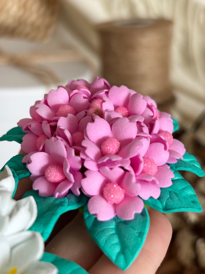 Flower Hair Clips Set of 2 - Pink & White Foam Flowers with Turquoise Leaves