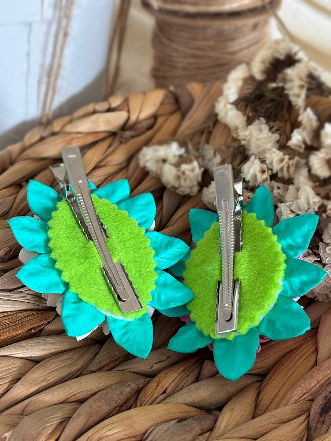 Flower Hair Clips Set of 2 - Pink & White Foam Flowers with Turquoise Leaves
