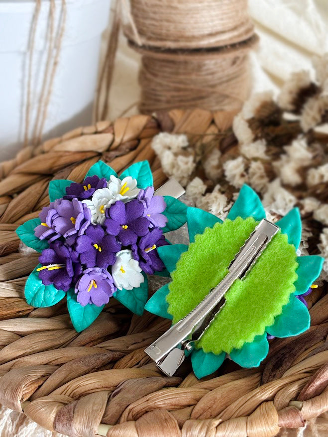 Violet Hair Clips Set of 2 - Purple & White Foam Violets with Turquoise Leaves