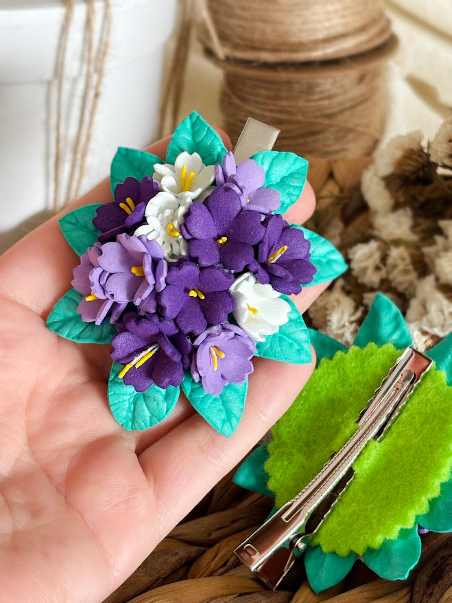Violet Hair Clips Set of 2 - Purple & White Foam Violets with Turquoise Leaves