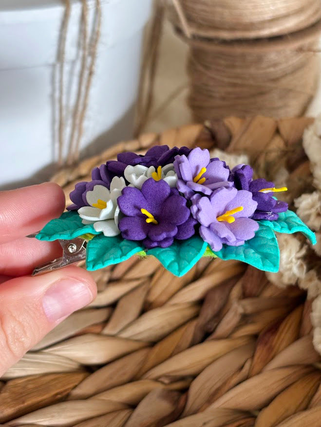 Violet Hair Clips Set of 2 - Purple & White Foam Violets with Turquoise Leaves