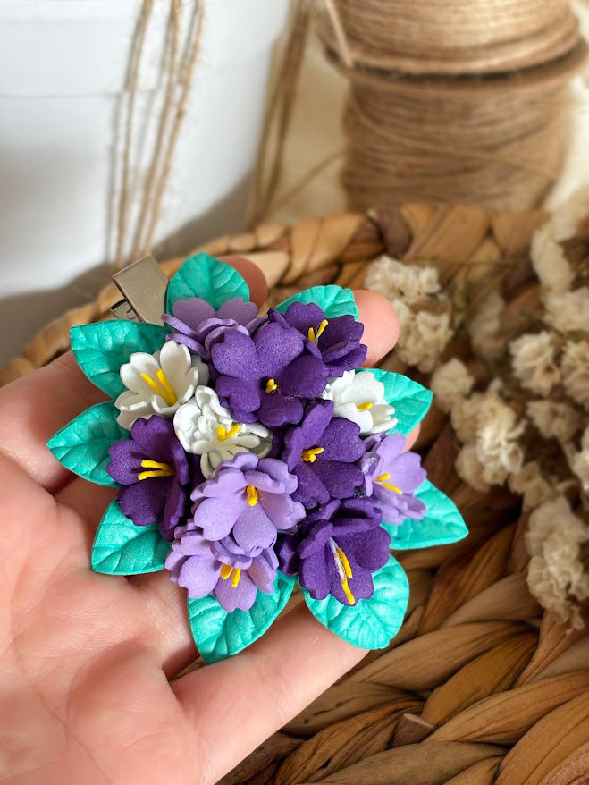 Violet Hair Clips Set of 2 - Purple & White Foam Violets with Turquoise Leaves