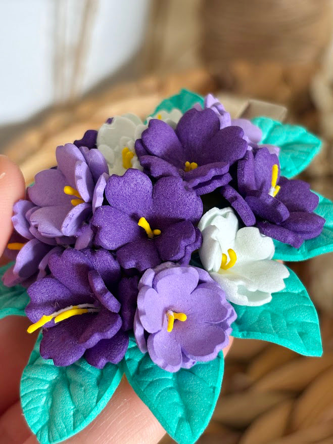 Violet Hair Clips Set of 2 - Purple & White Foam Violets with Turquoise Leaves