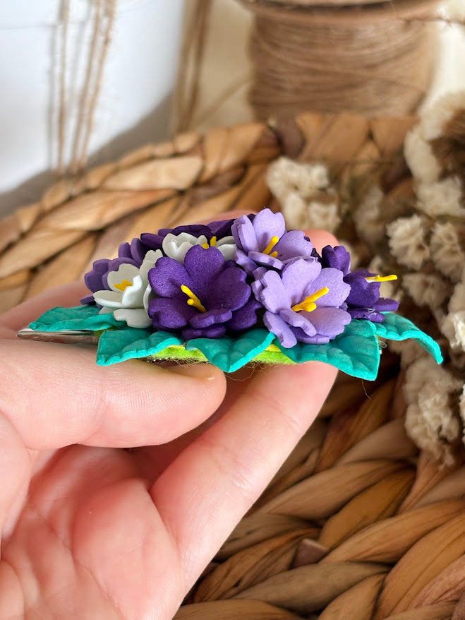 Violet Hair Clips Set of 2 - Purple & White Foam Violets with Turquoise Leaves