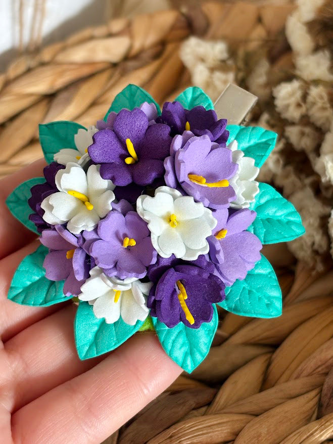 Violet Hair Clips Set of 2 - Purple & White Foam Violets with Turquoise Leaves