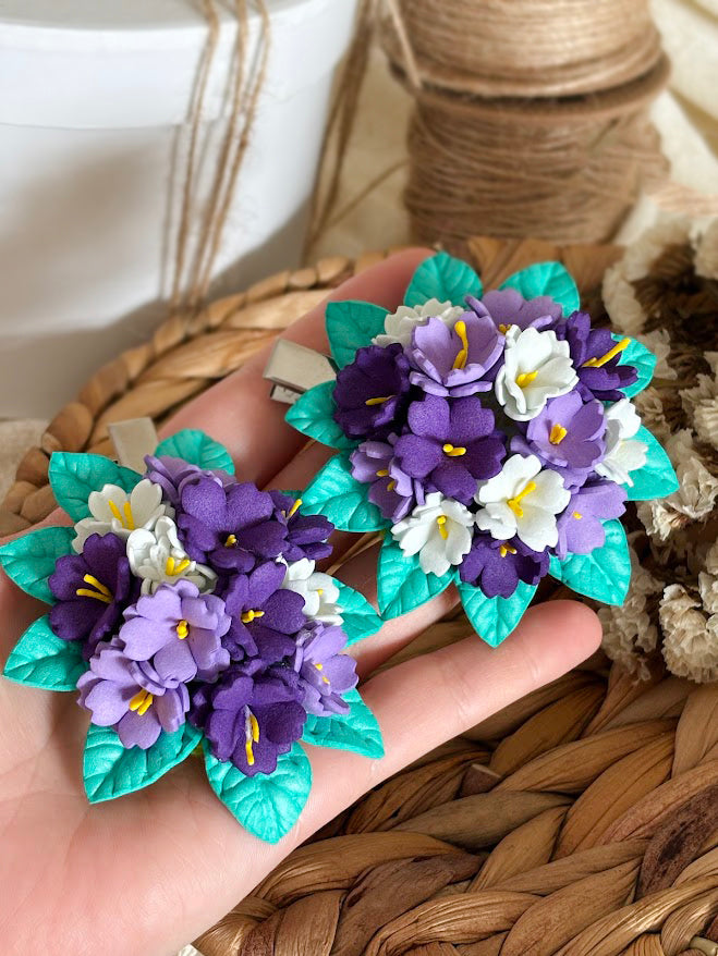 Violet Hair Clips Set of 2 - Purple & White Foam Violets with Turquoise Leaves