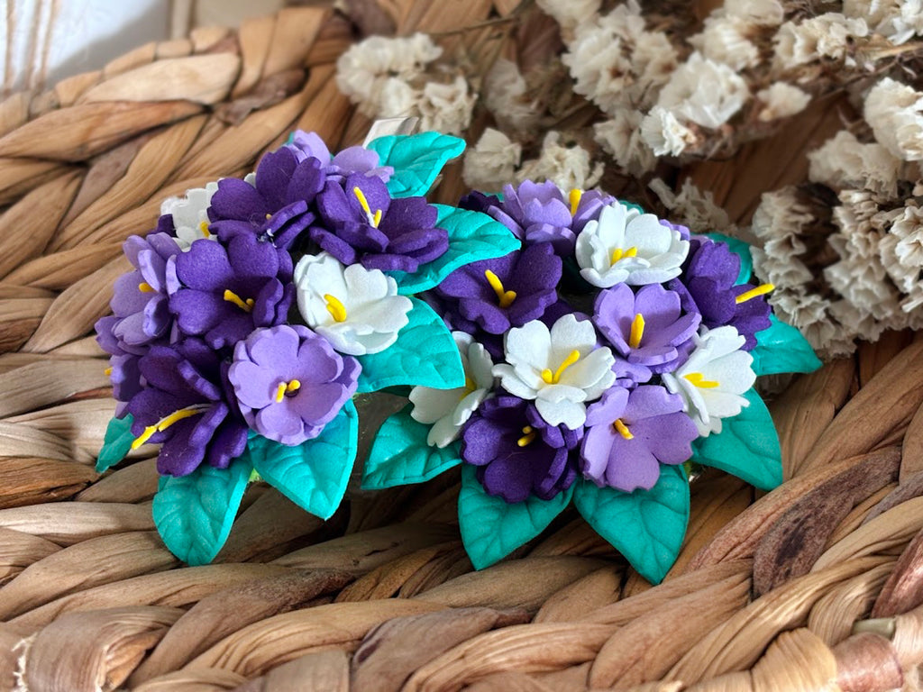 Violet Hair Clips Set of 2 - Purple & White Foam Violets with Turquoise Leaves
