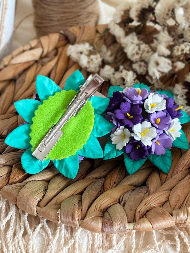 Violet Hair Clips Set of 2 - Purple & White Foam Violets with Turquoise Leaves