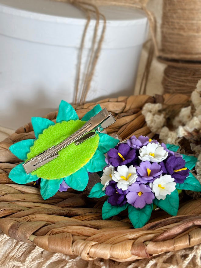 Violet Hair Clips Set of 2 - Purple & White Foam Violets with Turquoise Leaves