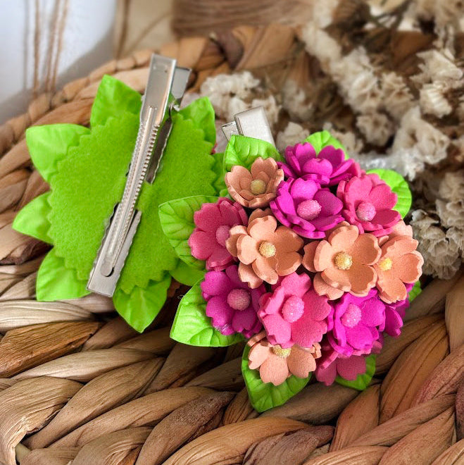 Flower Bouquet Hair Clip - Pink & Peach Foam Flowers with Green Leaves