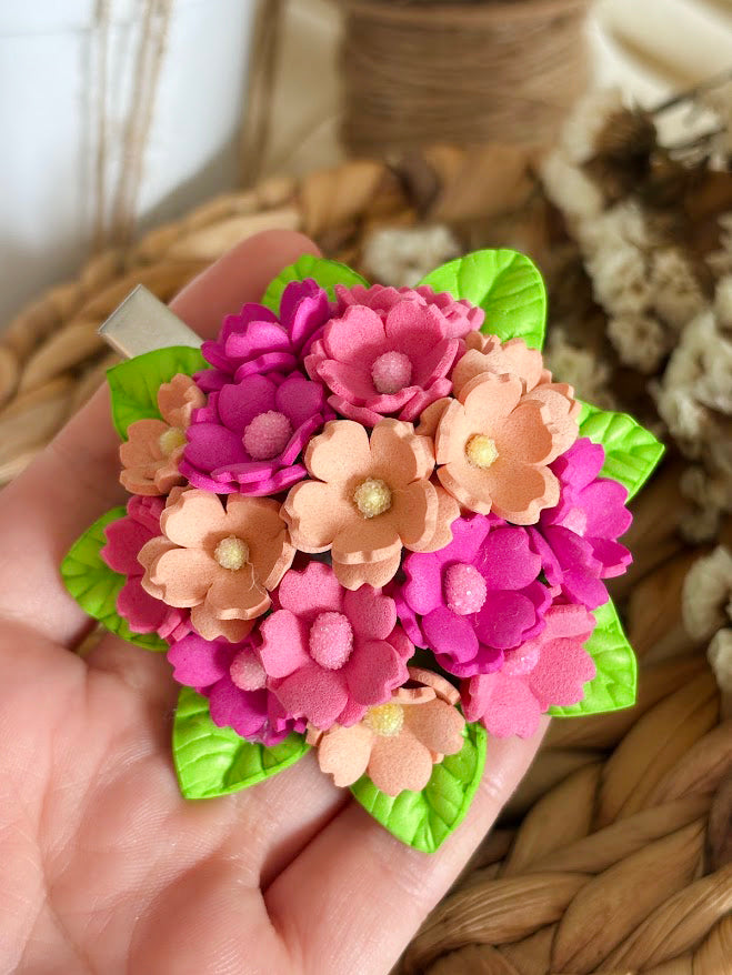 Flower Bouquet Hair Clip - Pink & Peach Foam Flowers with Green Leaves