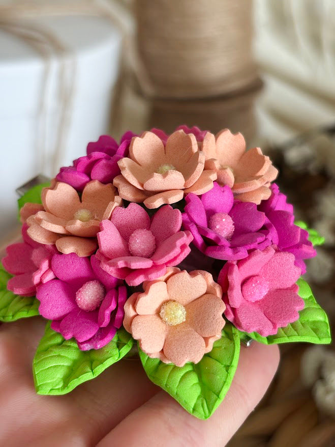 Flower Bouquet Hair Clip - Pink & Peach Foam Flowers with Green Leaves
