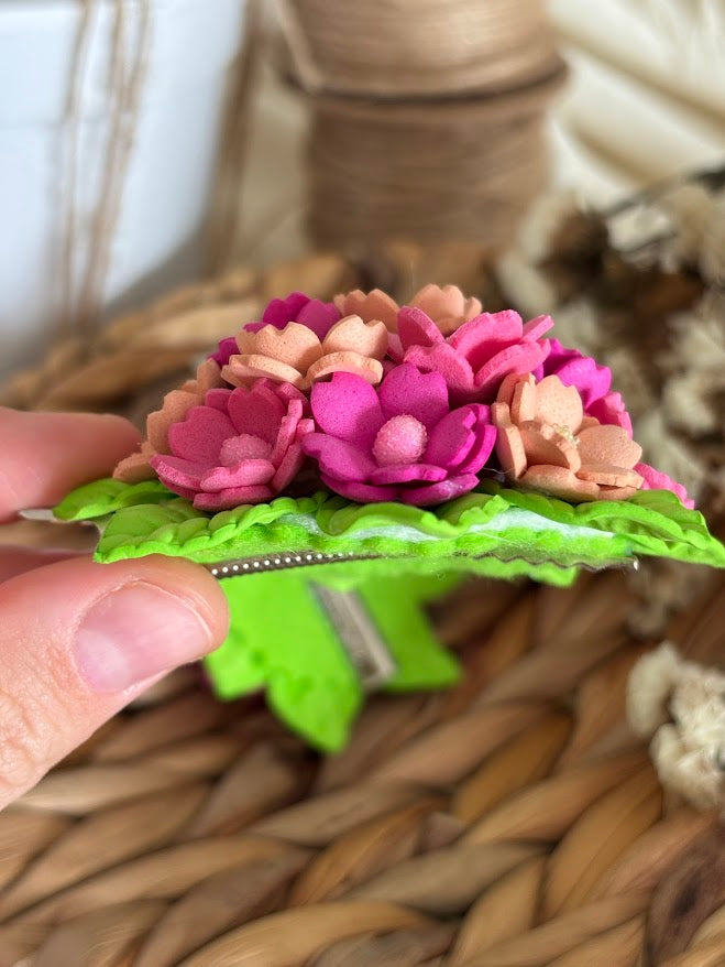 Flower Bouquet Hair Clip - Pink & Peach Foam Flowers with Green Leaves