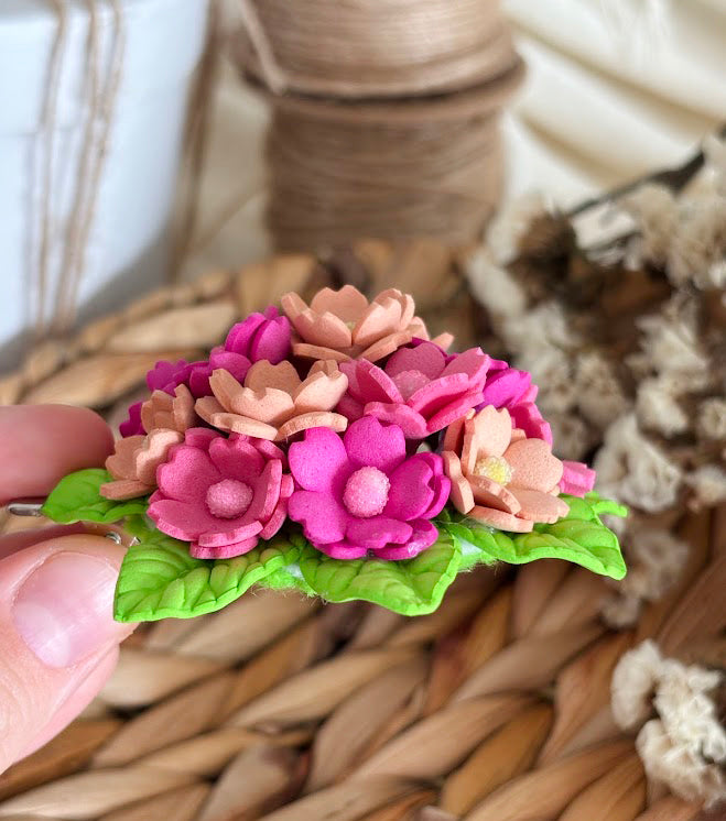 Flower Bouquet Hair Clip - Pink & Peach Foam Flowers with Green Leaves