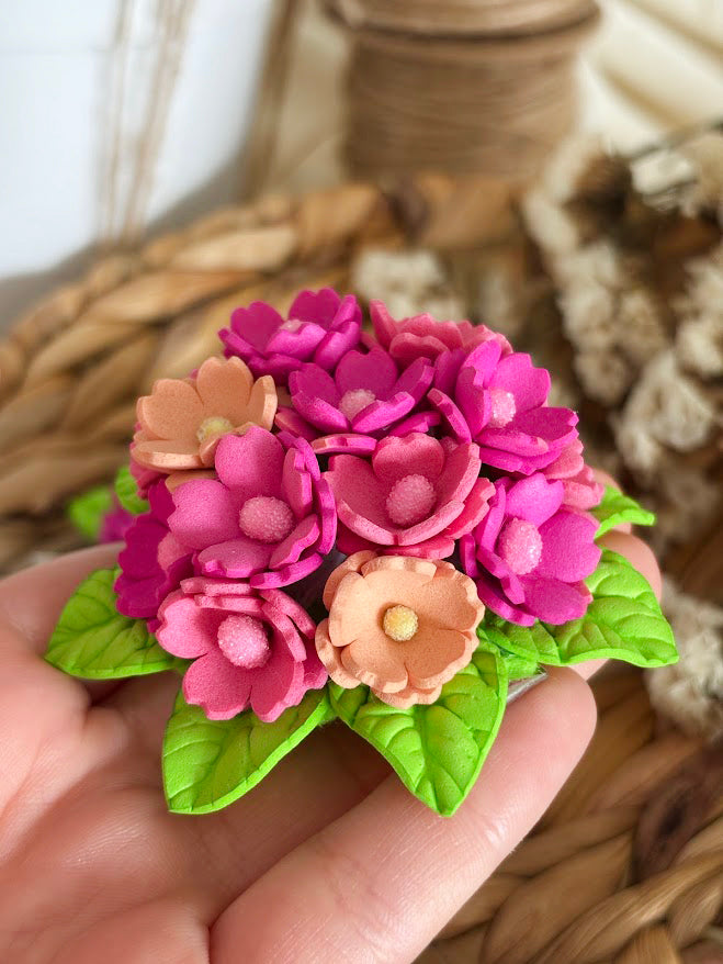 Flower Bouquet Hair Clip - Pink & Peach Foam Flowers with Green Leaves