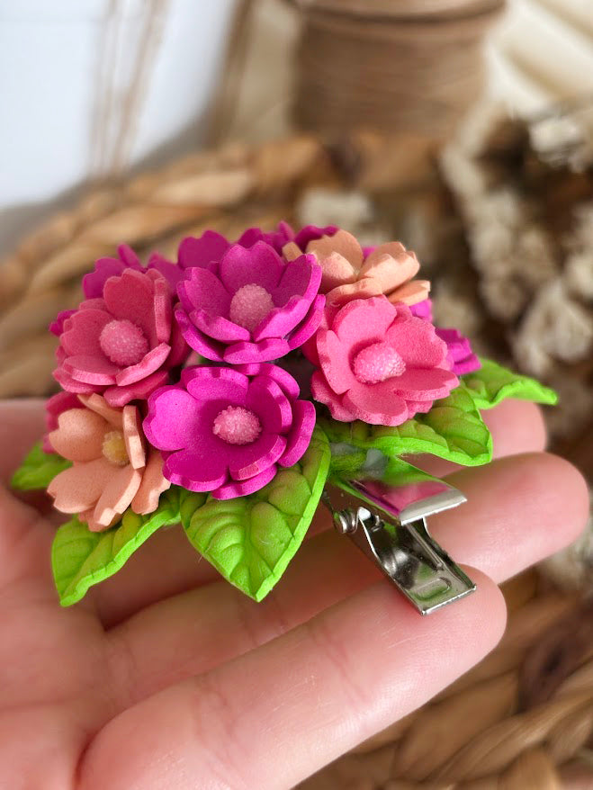 Flower Bouquet Hair Clip - Pink & Peach Foam Flowers with Green Leaves