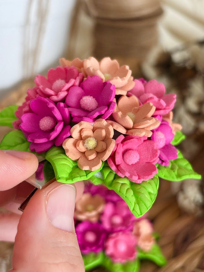 Flower Bouquet Hair Clip - Pink & Peach Foam Flowers with Green Leaves