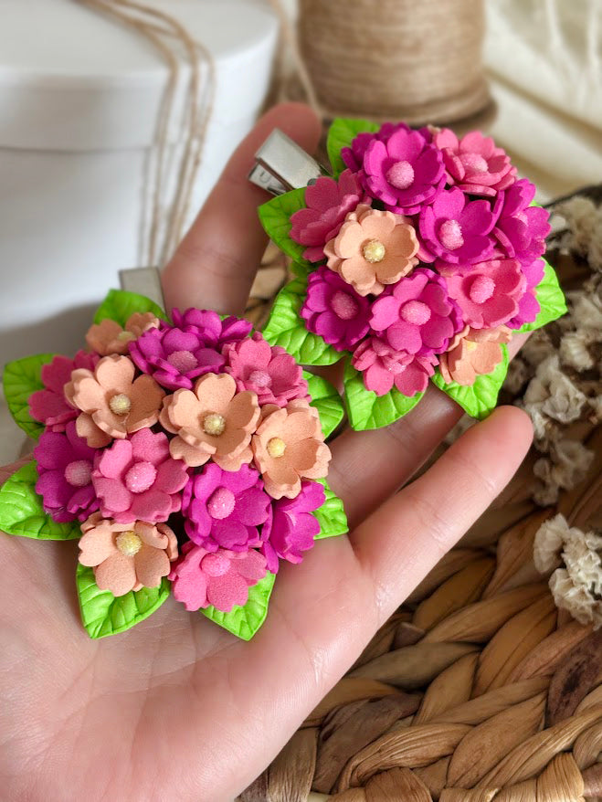 Flower Bouquet Hair Clip - Pink & Peach Foam Flowers with Green Leaves